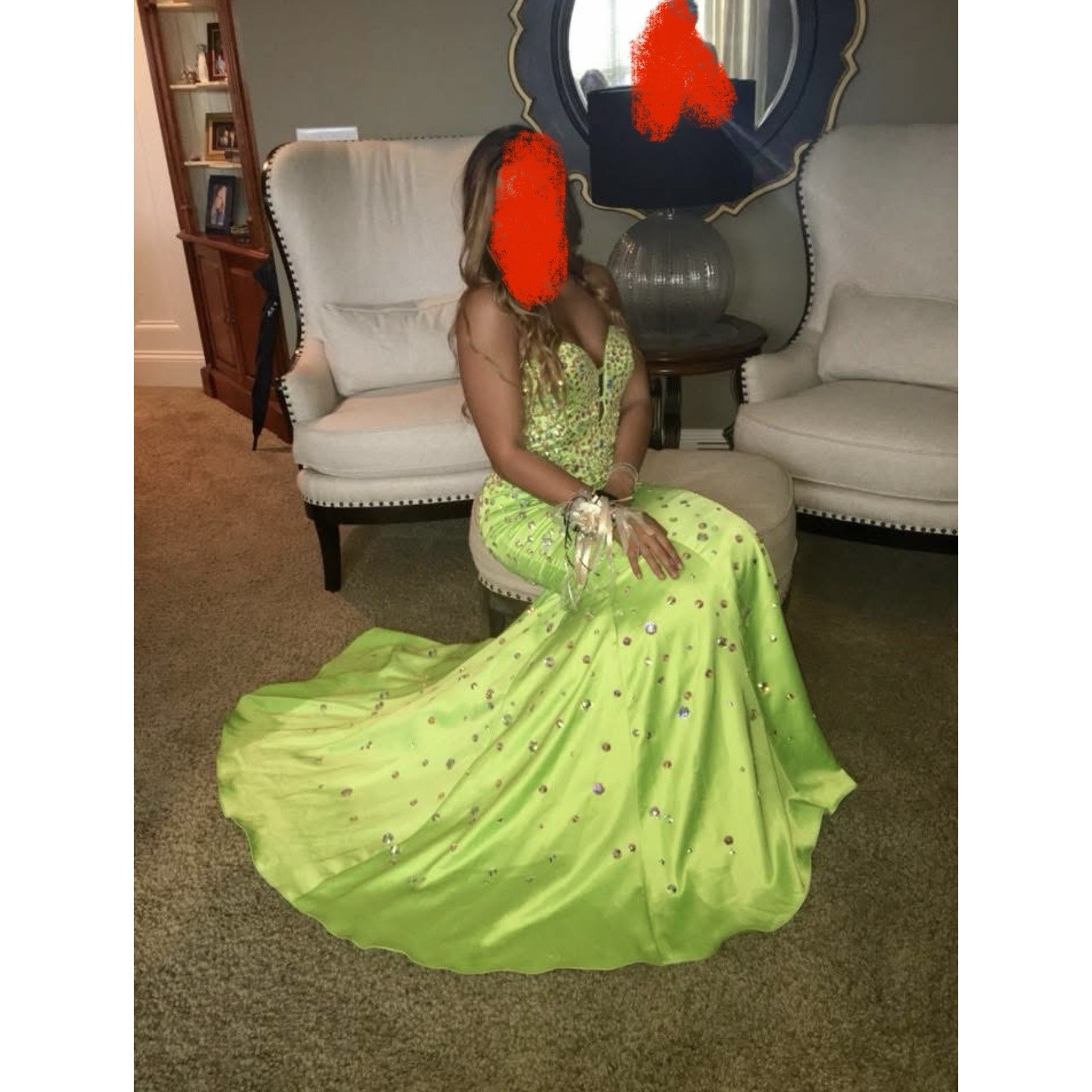 One Of One Lime Green Beaded Rhinestone Bedazzled Prom Dress Womens Size 6